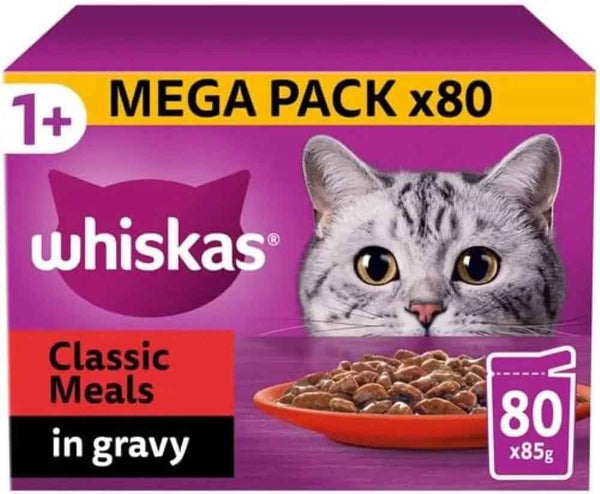 Whiskas 1+ cat food pouches Meals Adult Wet Cat Food Pouches in Gravy 80 × 85g Pouches (Classic Meaty Meal)