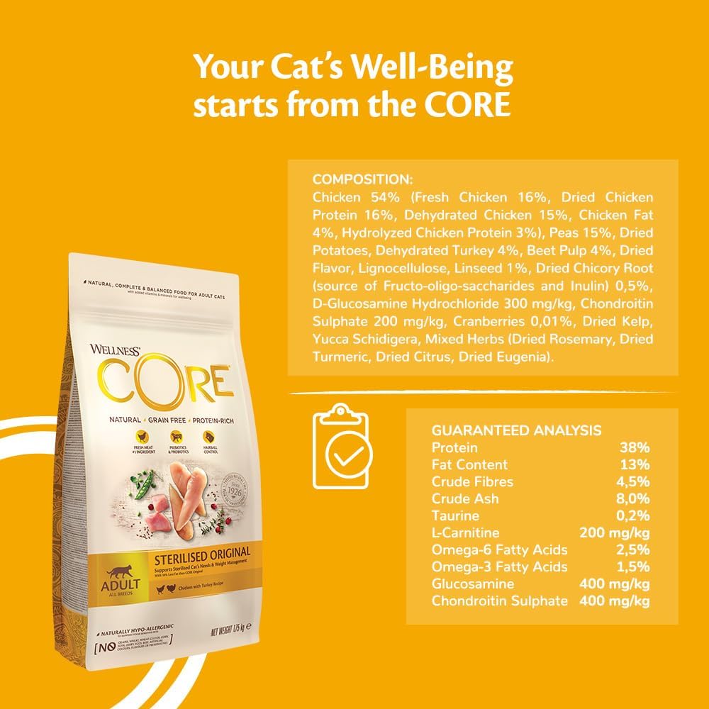 Wellness CORE Sterilised Original 4 kg, Chicken & Turkey – Dry Cat Food for Sterlised/Indoor Cats, Grain-Free, Natural, Hypoallergenic, Protein-Rich, Supports Healthy Weight Management