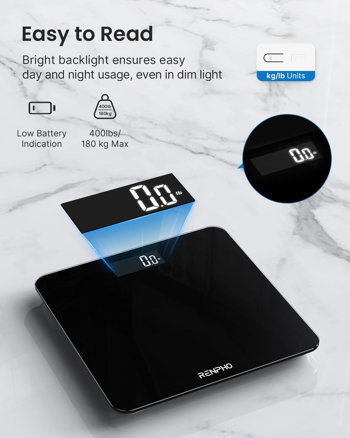 RENPHO Weighing Scales for Body Weight, Bathroom Scales with High Precision Sensors, Accurate Digital Weight Scale for People, LED Display, Step-On, Black, Core 1S (Stone/Kgs/Lbs)
