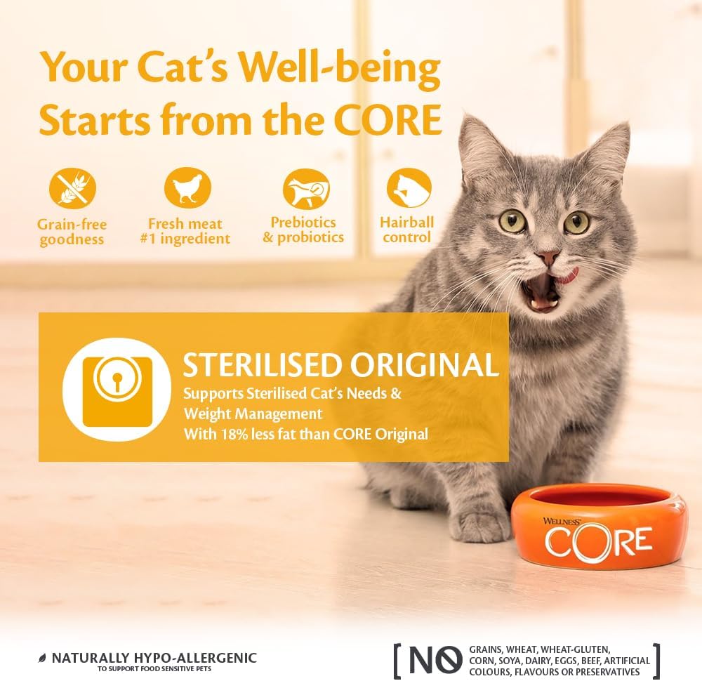 Wellness CORE Sterilised Original 4 kg, Chicken & Turkey – Dry Cat Food for Sterlised/Indoor Cats, Grain-Free, Natural, Hypoallergenic, Protein-Rich, Supports Healthy Weight Management