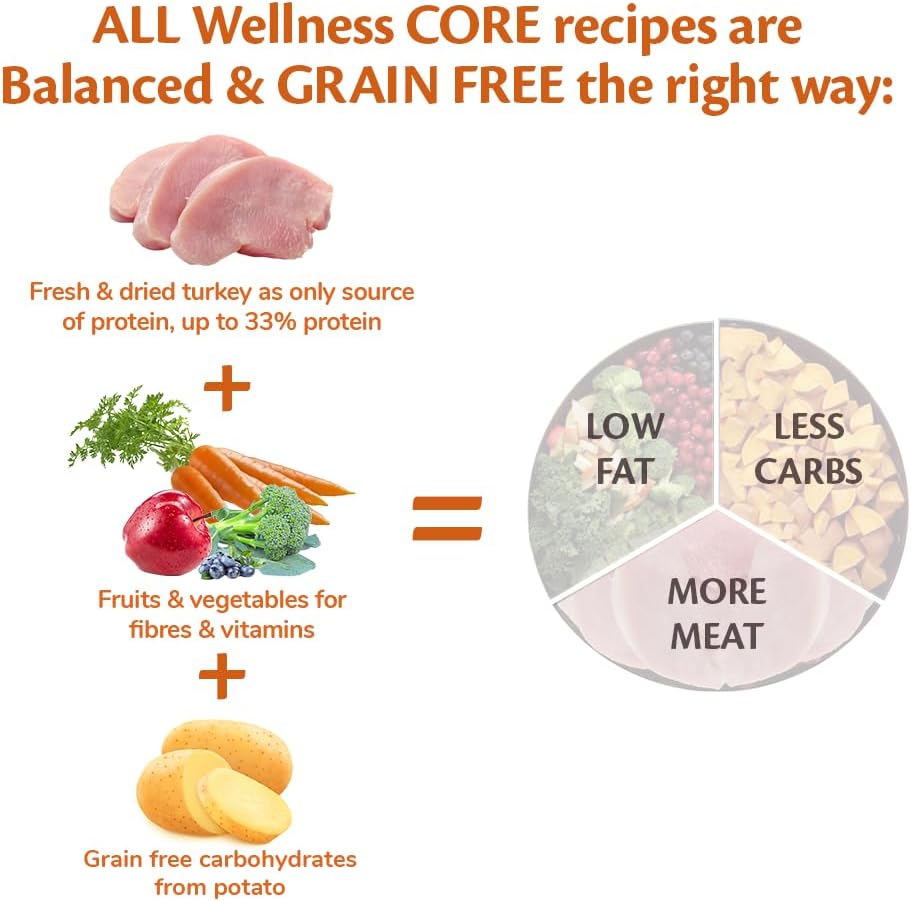 Wellness CORE Low Fat 5 kg, Turkey – Dry Dog Food for Small Breeds, Grain-Free, Natural, Hypoallergenic, Protein-Rich, High Meat Content, Supports Healthy Weight Management