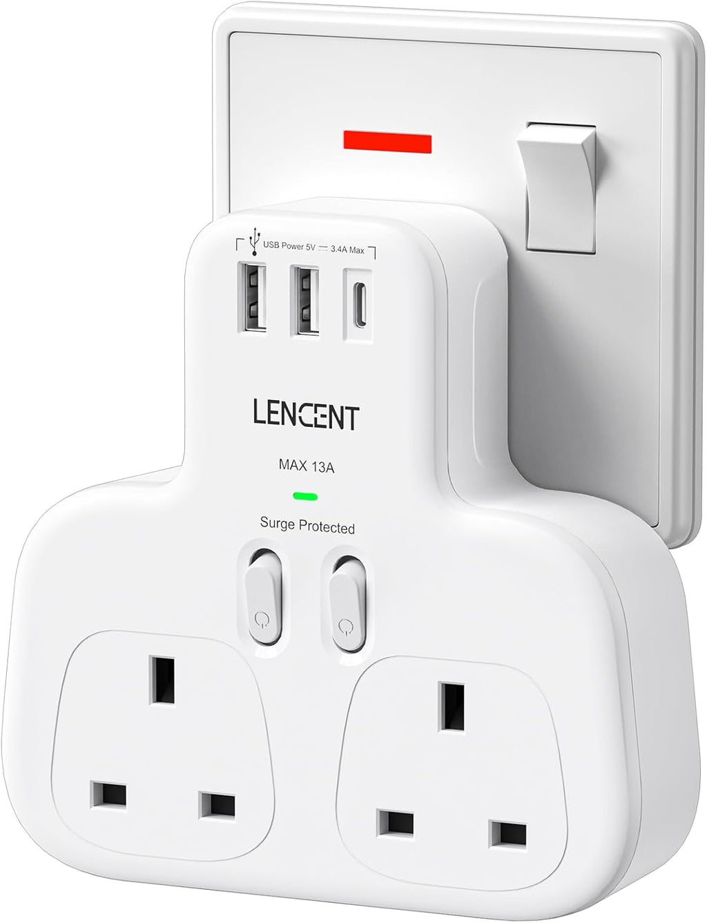 LENCENT Double Plug Adaptor with 1 USB C and 2 USB Ports, Surge Protected Multi Plug Extension Socket, 2 Way Wall Plug Extender for Household Appliances, iPhone, Smartphones, Tablets, 13A 3250W