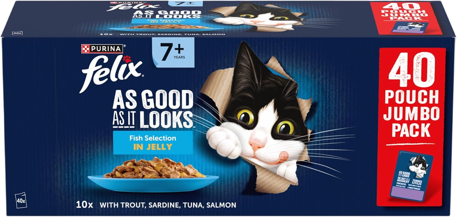 FELIX As Good As It Looks Senior Cat Food 7+ – Fish Selection in Jelly, 40x85g Chunks for Senior Cats, Complete & Balanced, No Colourants