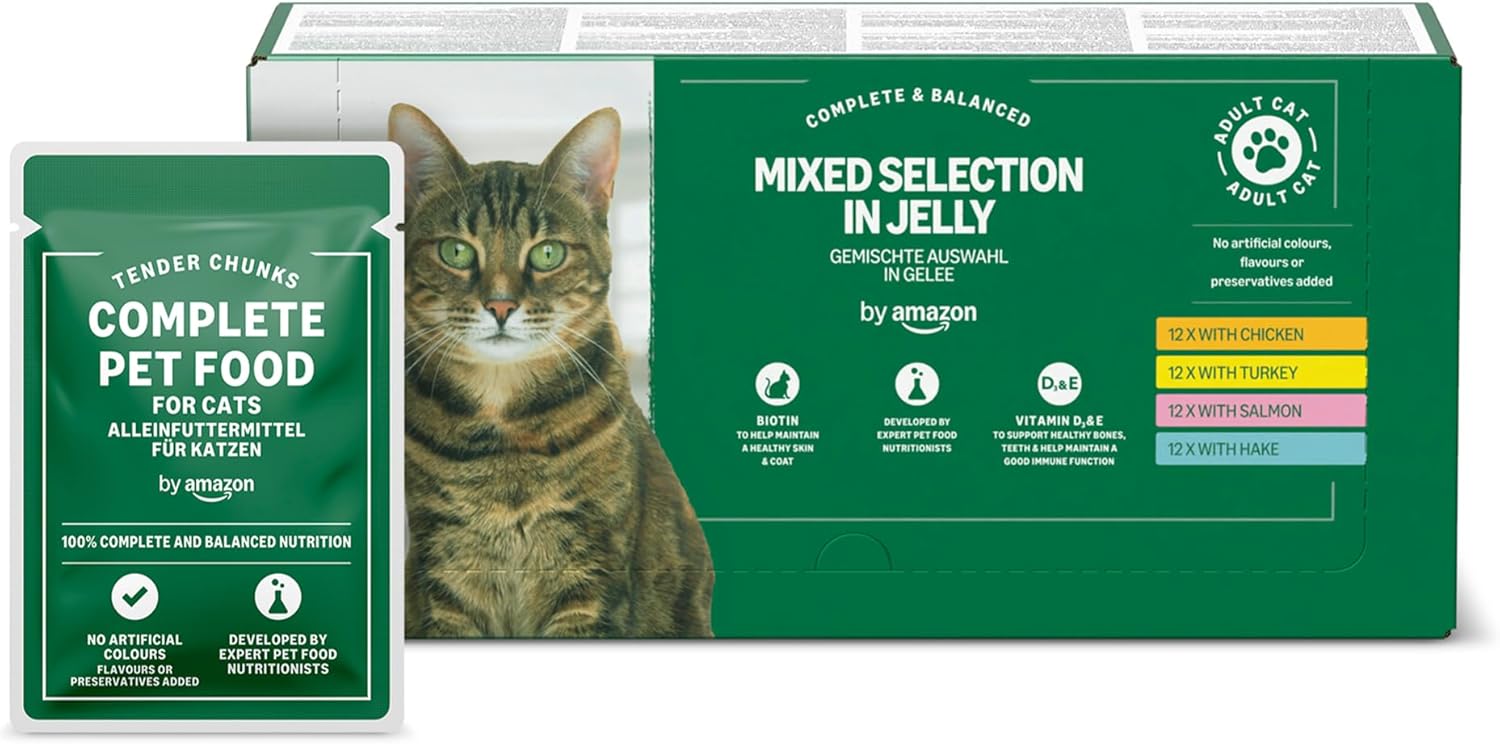 Grain-Free Complete Wet Food for Adult Cats, Mixed Selection In Jelly, 4.8 kg (48 pouches of 100g)