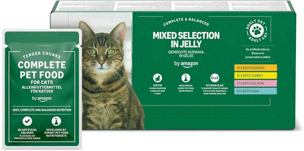 Grain-Free Complete Wet Food for Adult Cats, Mixed Selection In Jelly, 4.8 kg (48 pouches of 100g) - HOUSEESSENTIALS