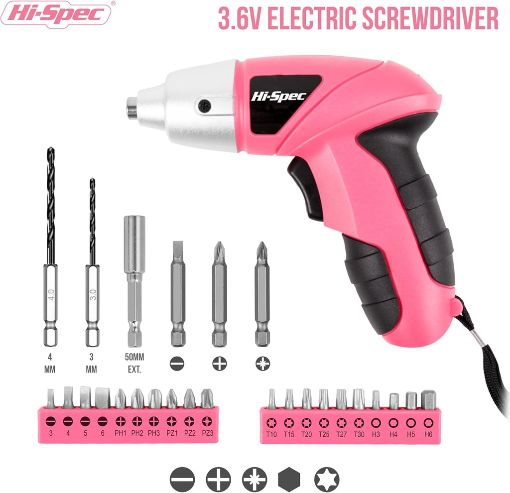 Hi-Spec 27 Pc Electric Screwdriver Pink 3.6V with 23 Drill Bits Set, Rechargeable Battery, LED Light & Cordless Screwdriver – Ideal for Home, Office, DIY Projects & Women