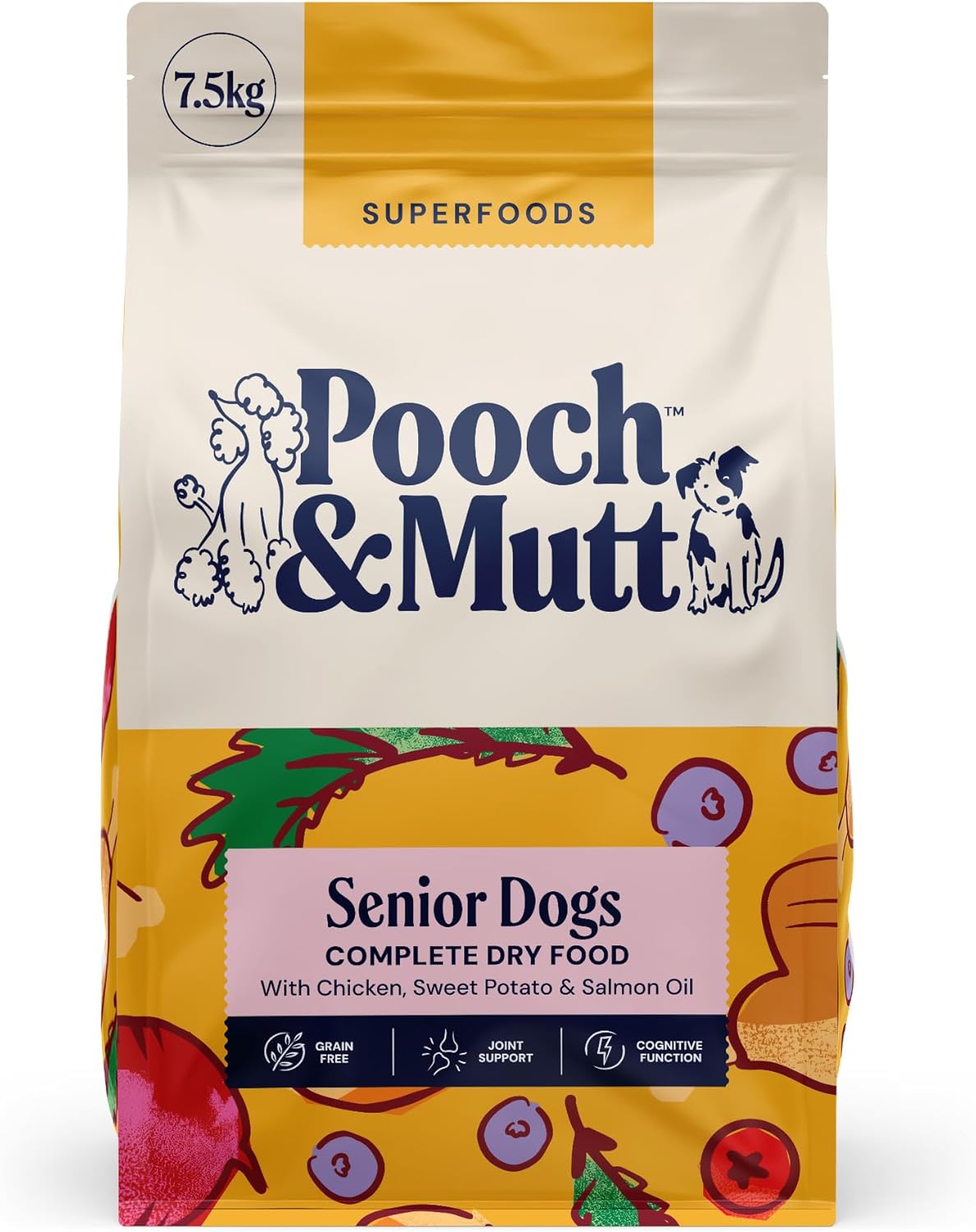 Pooch & Mutt - Senior Superfood Complete Dry Dog Food Grain Free (Regular Sized Kibble), for Older Dogs, Chicken, 7.5kg (packaging may vary)
