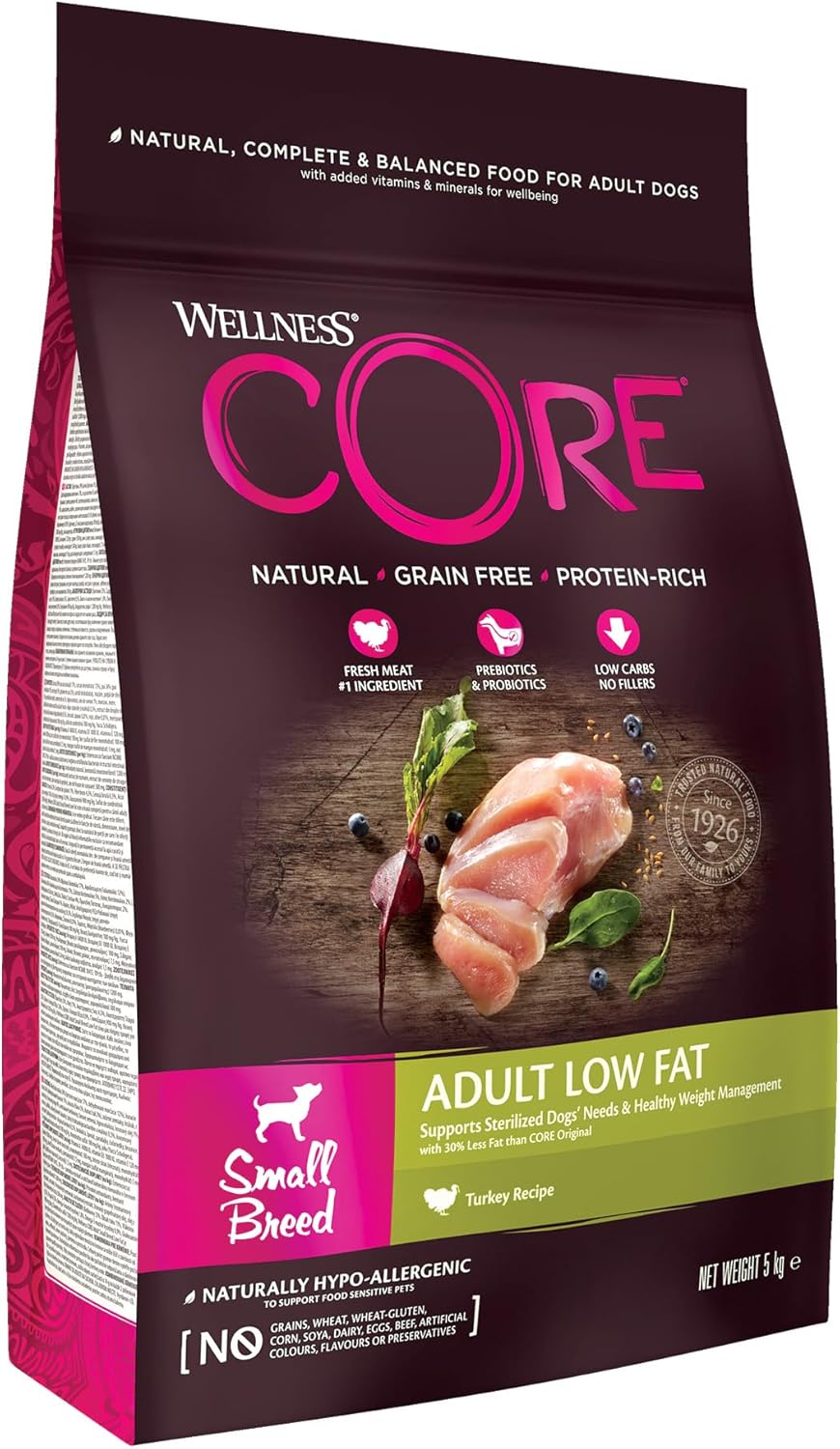 Wellness CORE Low Fat 5 kg, Turkey – Dry Dog Food for Small Breeds, Grain-Free, Natural, Hypoallergenic, Protein-Rich, High Meat Content, Supports Healthy Weight Management