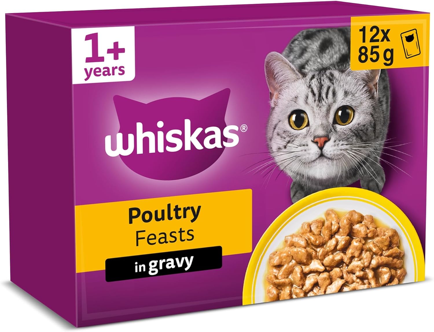 WHISKAS Adult Wet Cat Food in Gravy 12x85g Poultry Feasts (Pack of 4)
