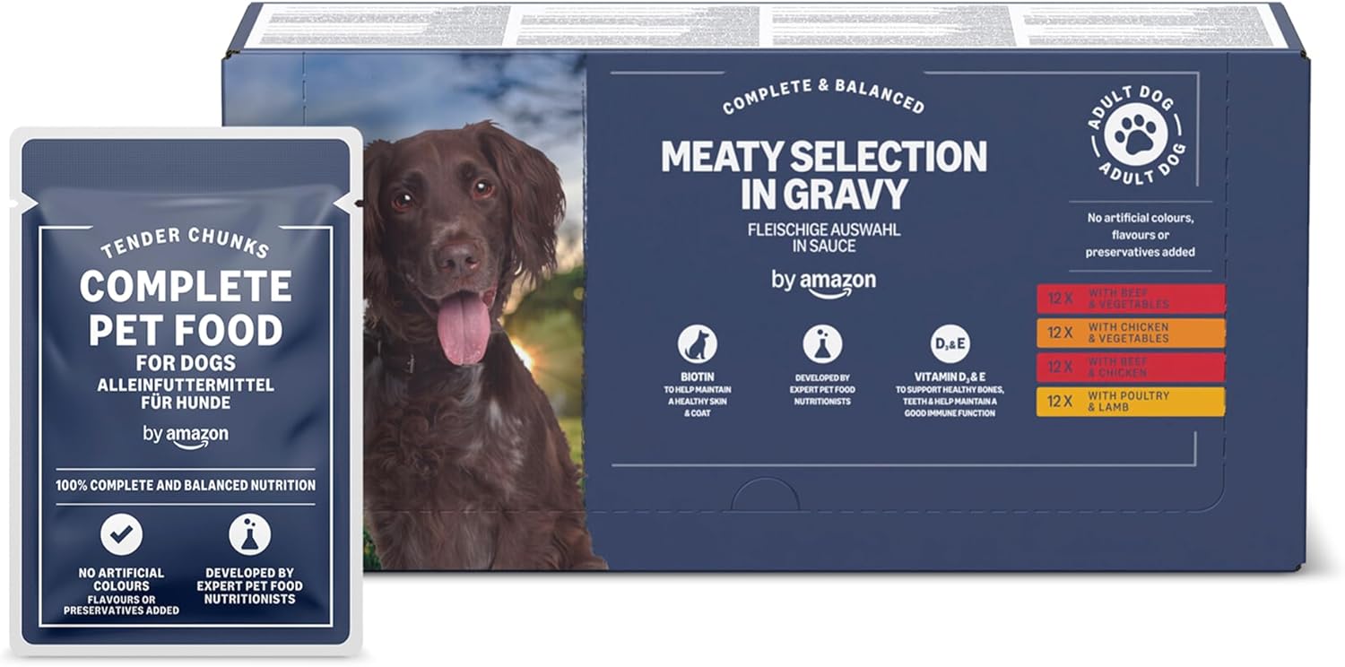 Complete Wet Food for Adult Dogs, Meat Selection in Gravy, 4.8 kg (48 pouches of 100g)