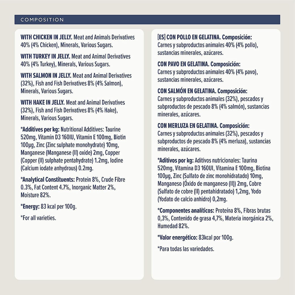 Grain-Free Complete Wet Food for Adult Cats, Mixed Selection In Jelly, 4.8 kg (48 pouches of 100g)