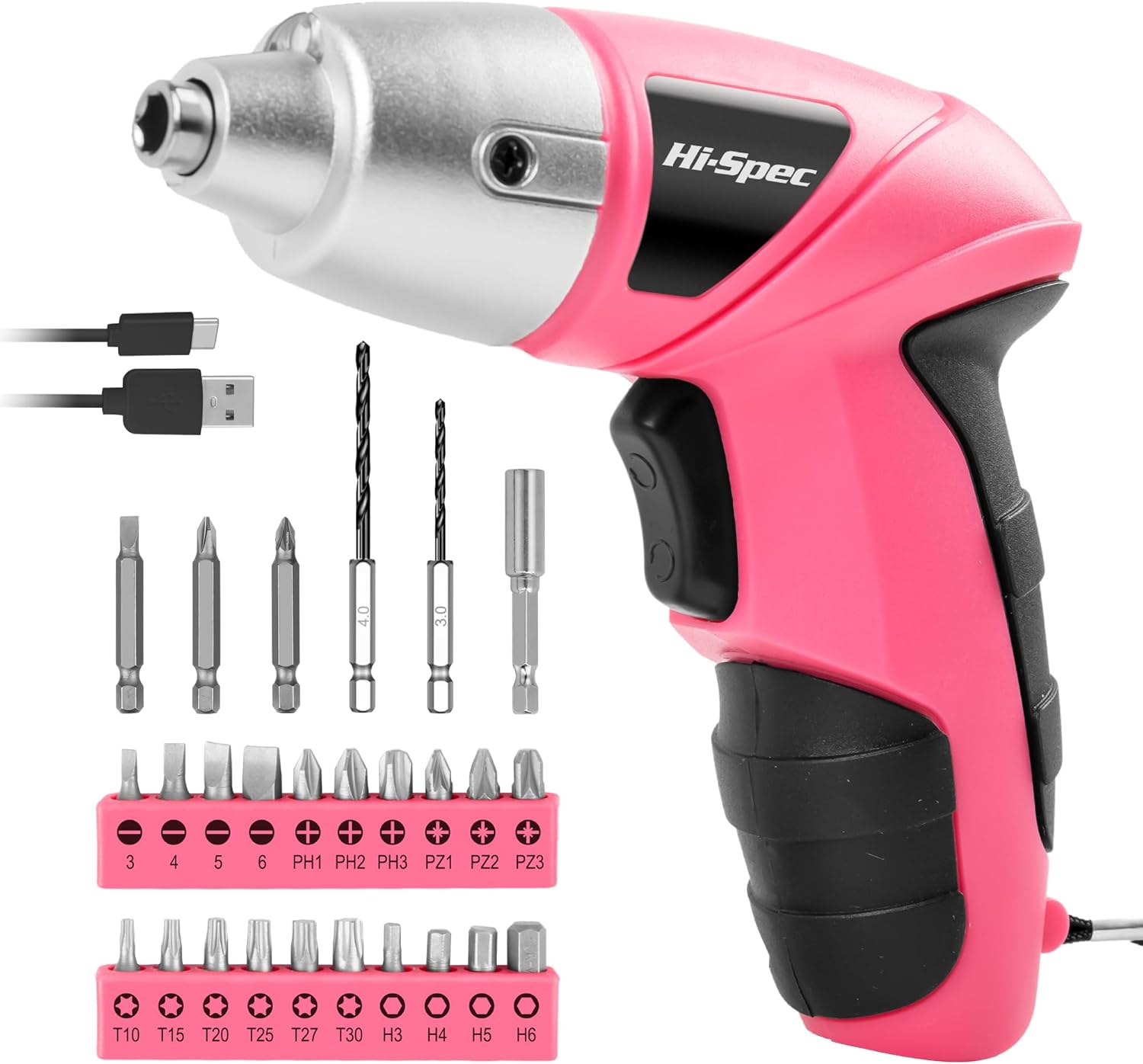 Hi-Spec 27 Pc Electric Screwdriver Pink 3.6V with 23 Drill Bits Set, Rechargeable Battery, LED Light & Cordless Screwdriver – Ideal for Home, Office, DIY Projects & Women