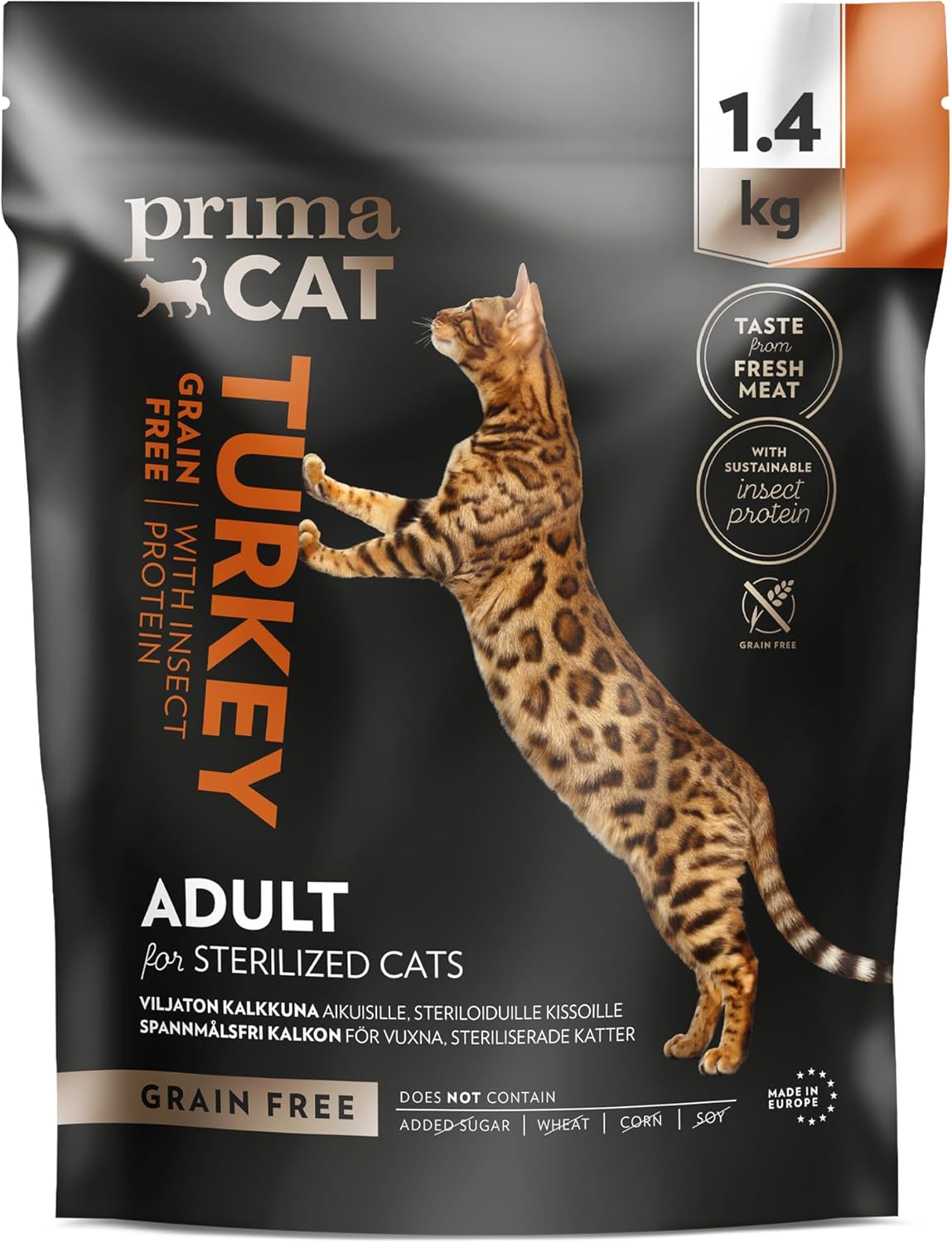 PrimaCat - Complete Dry Grain Free Turkey and Insect Flavoured Cat Food, Sterilised Adult Cat Food, 1.4kg - Amazon Exclusive
