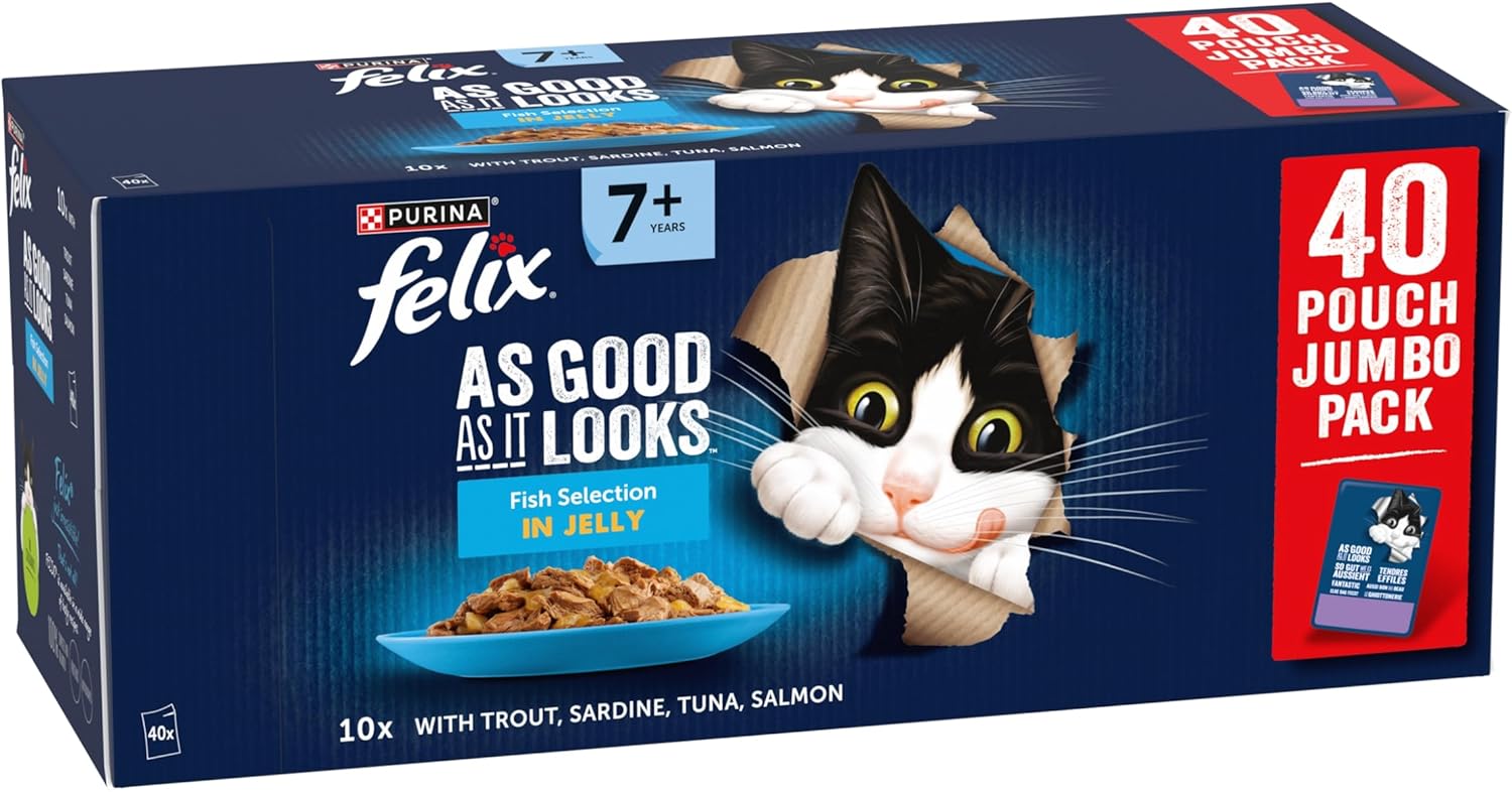 FELIX As Good As It Looks Senior Cat Food 7+ – Fish Selection in Jelly, 40x85g Chunks for Senior Cats, Complete & Balanced, No Colourants
