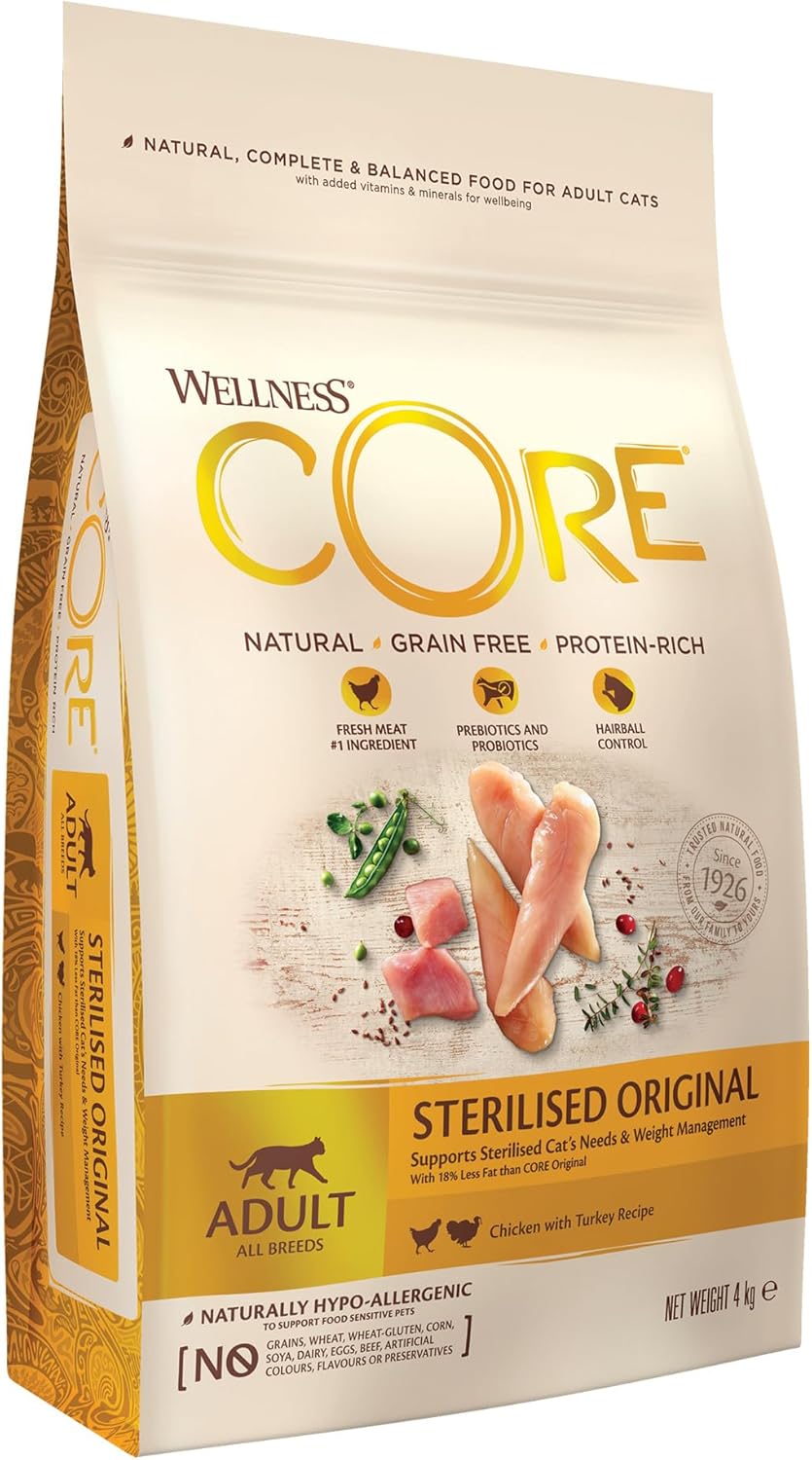 Wellness CORE Sterilised Original 4 kg, Chicken & Turkey – Dry Cat Food for Sterlised/Indoor Cats, Grain-Free, Natural, Hypoallergenic, Protein-Rich, Supports Healthy Weight Management