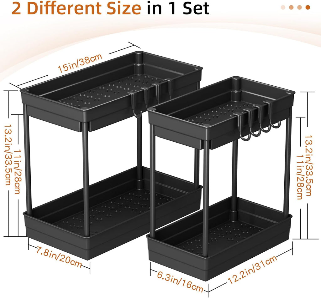 TidyTrove 2 Pack Under Sink Storage - Kitchen Storage and Organisation, 2 Tier Kitchen Under Sink Shelf, Multi-Purpose Organisation for Bathroom,Black