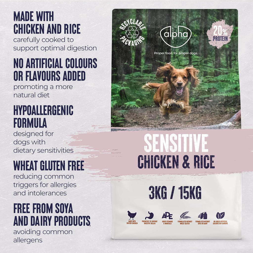 Alpha Sensitive Hypoallergenic Dry Dog Food | Complete Nutrition for Dietary Sensitivities | Chicken & Rice, 15kg