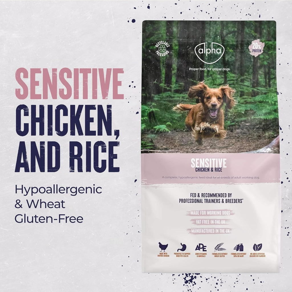 Alpha Sensitive Hypoallergenic Dry Dog Food | Complete Nutrition for Dietary Sensitivities | Chicken & Rice, 15kg
