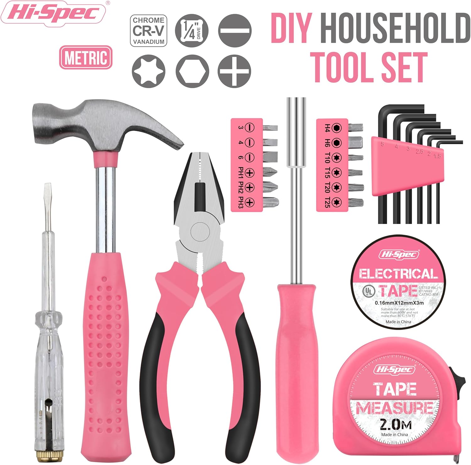 Hi-Spec Pink Small Tool Kit for Home DIY, Repairs & Crafts – 24pc Lady Tool Set with Mini Hammer, Pliers, Screwdriver Set, Hex Keys & Tape Measure in Compact Tool Box Case – Gift for Women