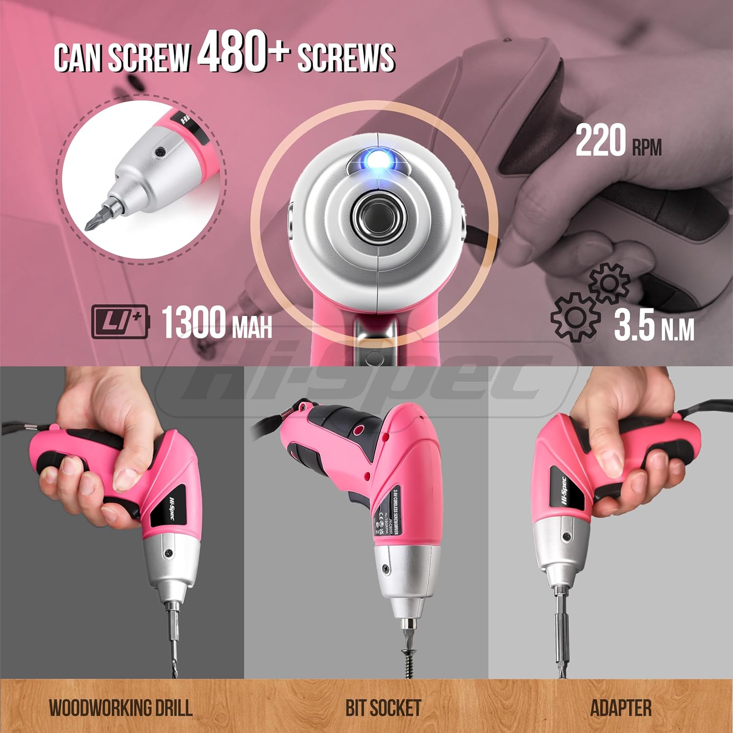 Hi-Spec 27 Pc Electric Screwdriver Pink 3.6V with 23 Drill Bits Set, Rechargeable Battery, LED Light & Cordless Screwdriver – Ideal for Home, Office, DIY Projects & Women