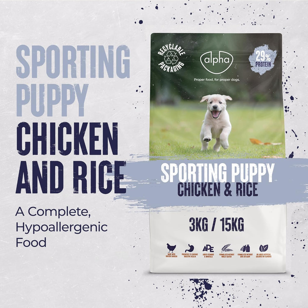 Alpha Sporting Puppy Dry Dog Food | Complete Feed for Working, Sporting & Racing Breeds | Chicken and Rice, 15kg
