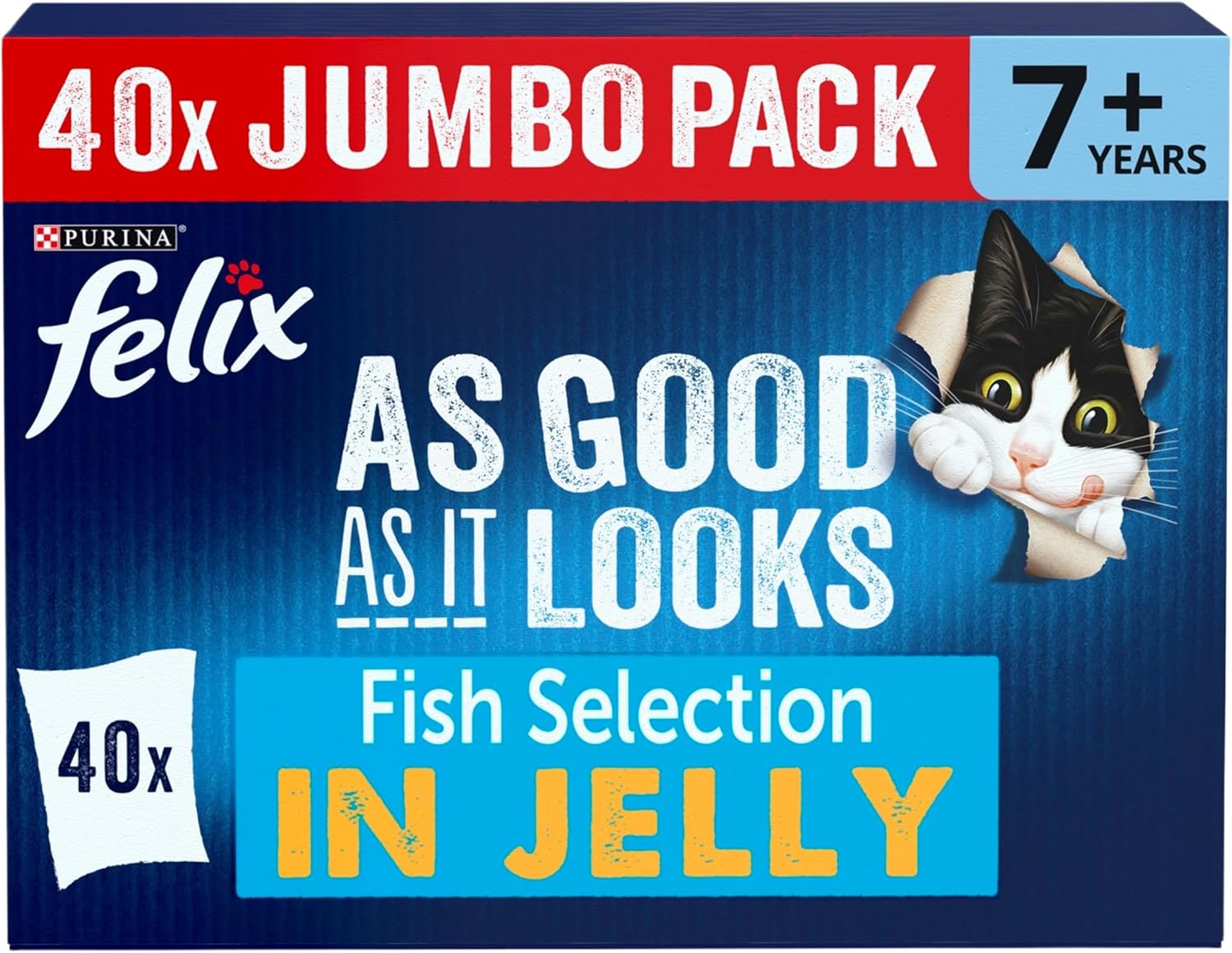 FELIX As Good As It Looks Senior Cat Food 7+ – Fish Selection in Jelly, 40x85g Chunks for Senior Cats, Complete & Balanced, No Colourants