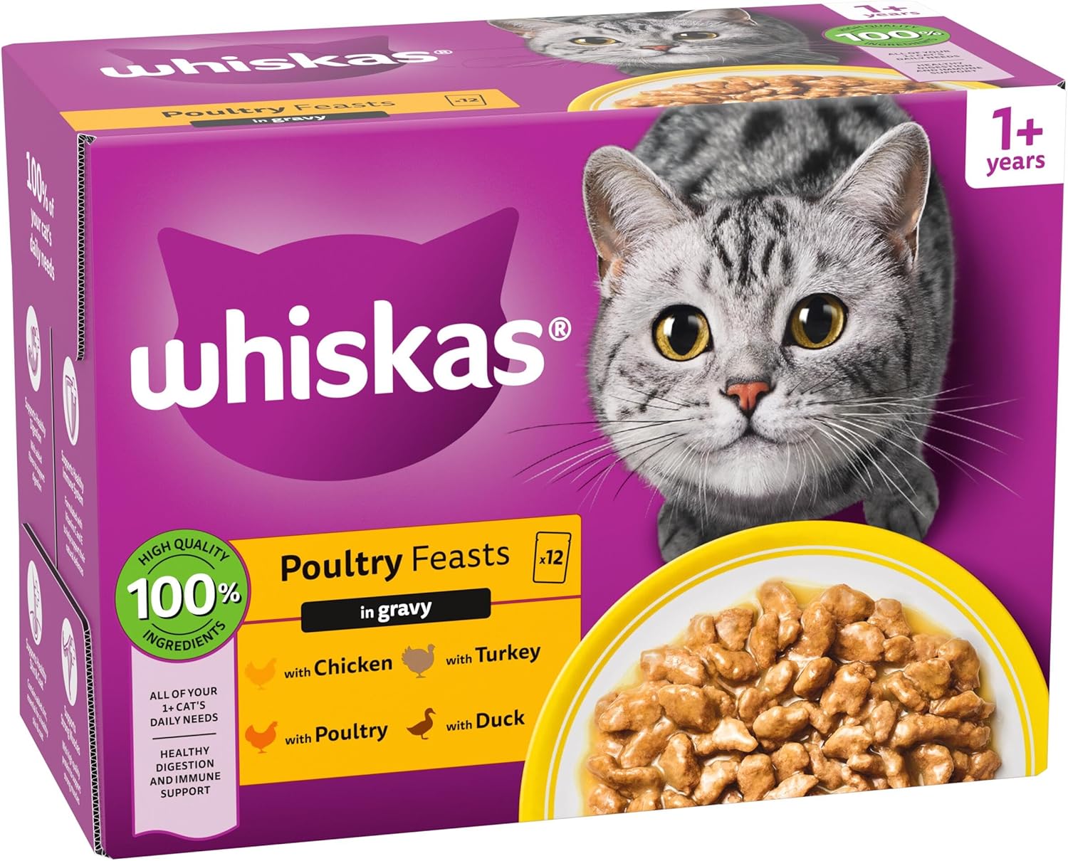 WHISKAS Adult Wet Cat Food in Gravy 12x85g Poultry Feasts (Pack of 4)