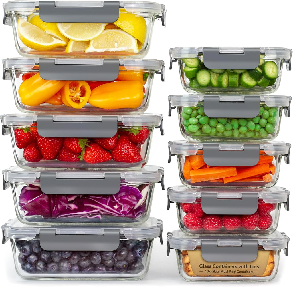 GOOD FOR YOU Glass Container Food Storage - [10 Pack] Meal Prep Containers with Lids - Leak Proof food storage containers (10 Lids & 10 Lunch Containers) BPA Free glass food storage containers