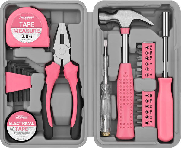 Hi-Spec Pink Small Tool Kit for Home DIY, Repairs & Crafts – 24pc Lady Tool Set with Mini Hammer, Pliers, Screwdriver Set, Hex Keys & Tape Measure in Compact Tool Box Case – Gift for Women
