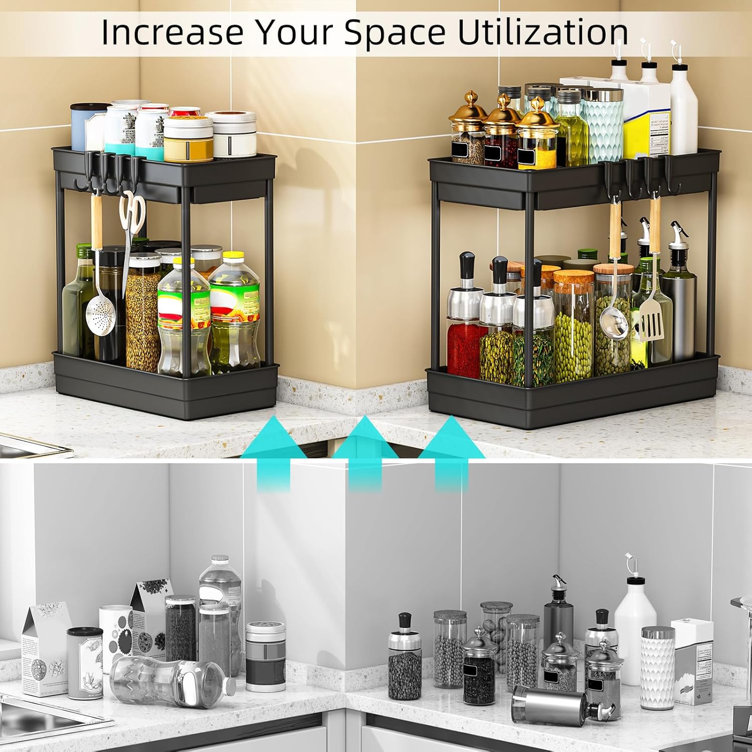 TidyTrove 2 Pack Under Sink Storage - Kitchen Storage and Organisation, 2 Tier Kitchen Under Sink Shelf, Multi-Purpose Organisation for Bathroom,Black