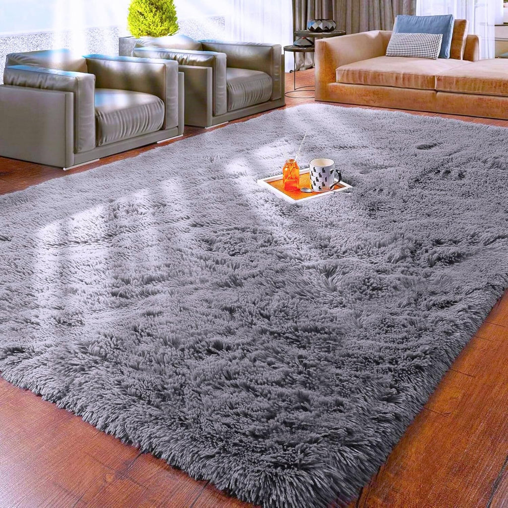 Aspire Homeware Grey Fluffy Shaggy Rug 120x170cm – Soft Large Non-Slip Modern Area Rug for Living Room & Bedroom, Thick Pile Carpet