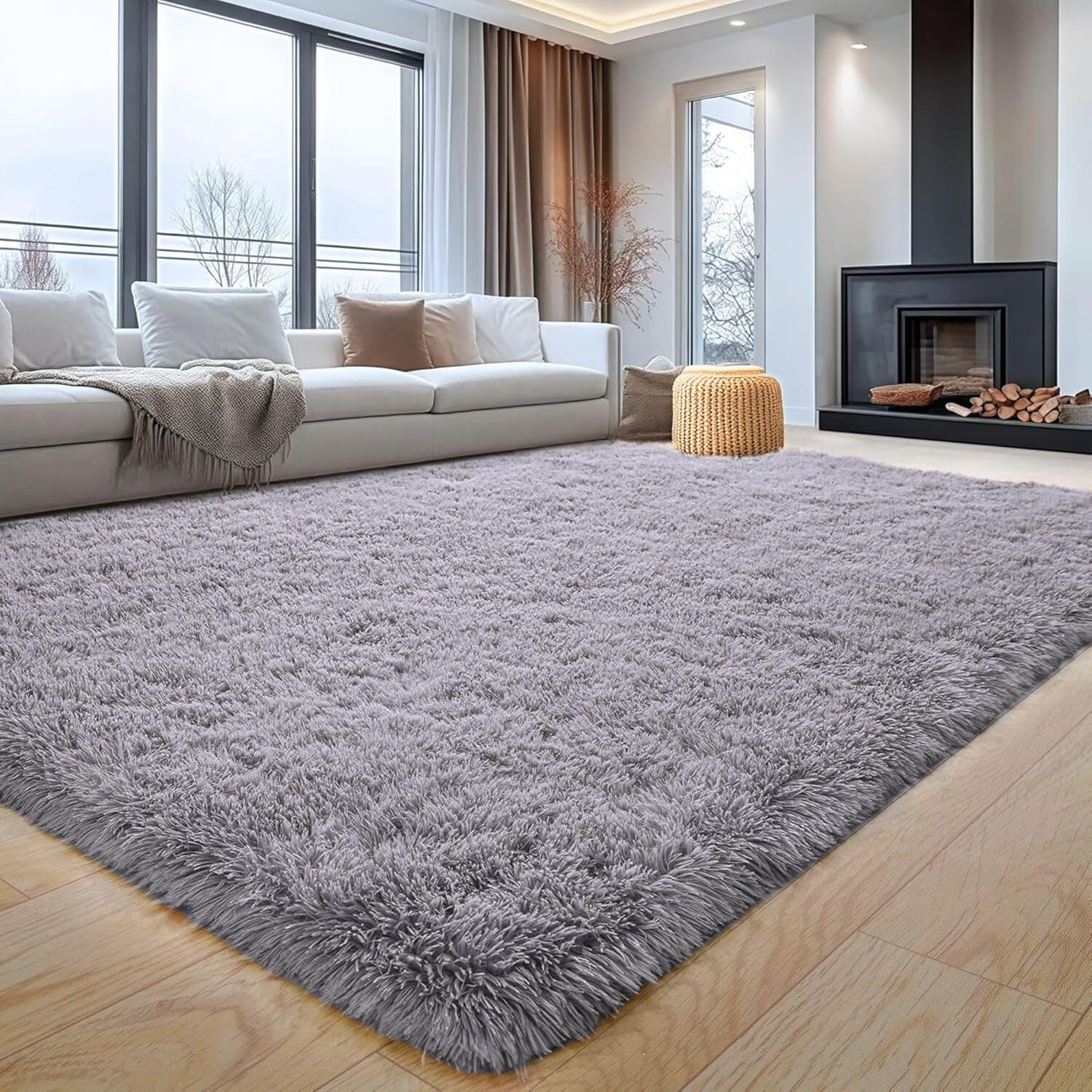 Aspire Homeware Grey Fluffy Shaggy Rug 120x170cm – Soft Large Non-Slip Modern Area Rug for Living Room & Bedroom, Thick Pile Carpet