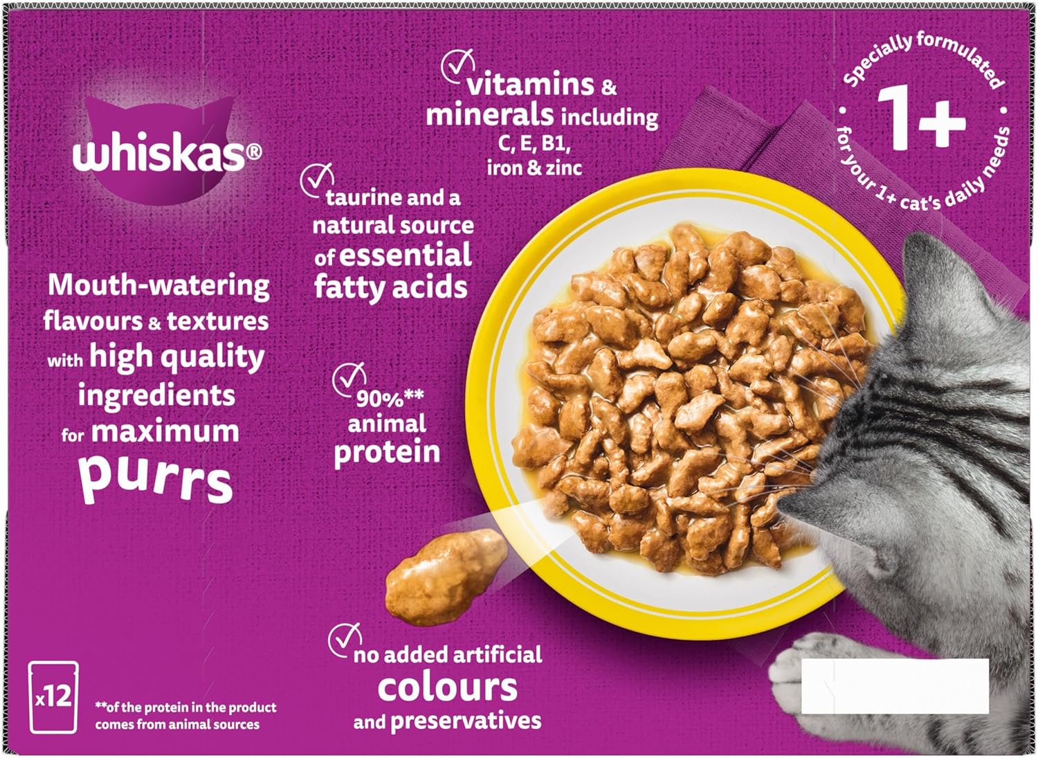 WHISKAS Adult Wet Cat Food in Gravy 12x85g Poultry Feasts (Pack of 4)