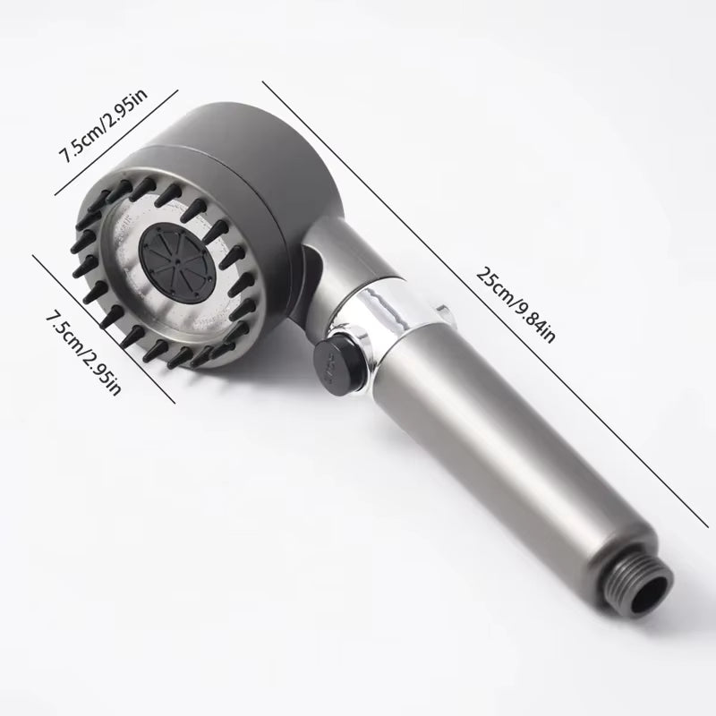 Handheld shower head with measurement indicators on a white background