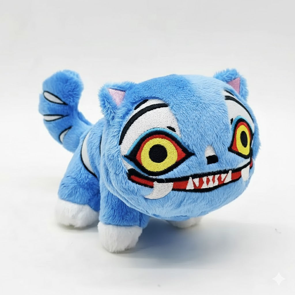Blue plush toy with a stylized face on a white background