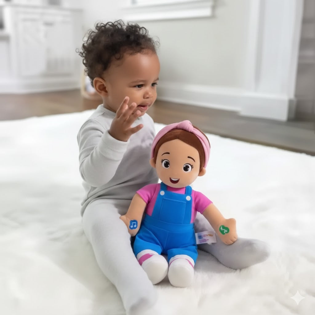 Child playing with a doll on a bed