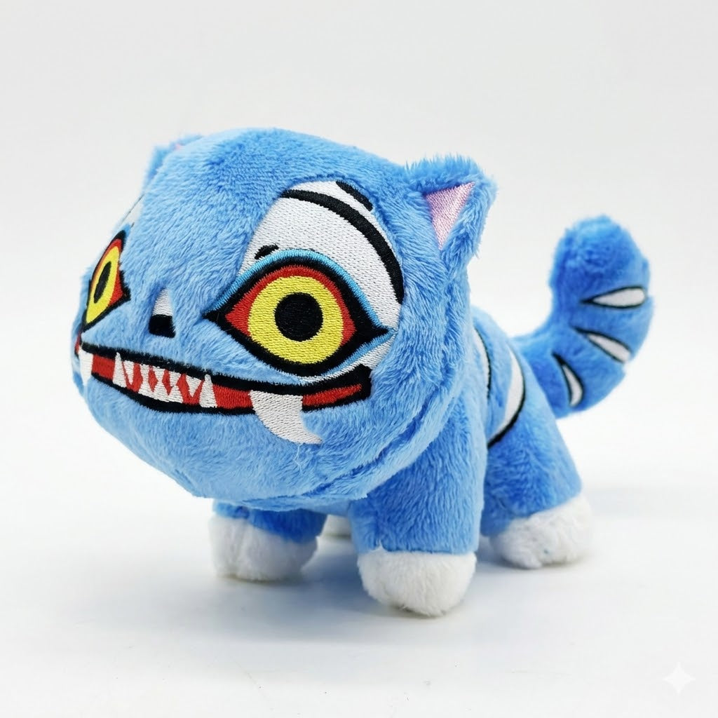 Blue plush toy with a stylized face on a white background
