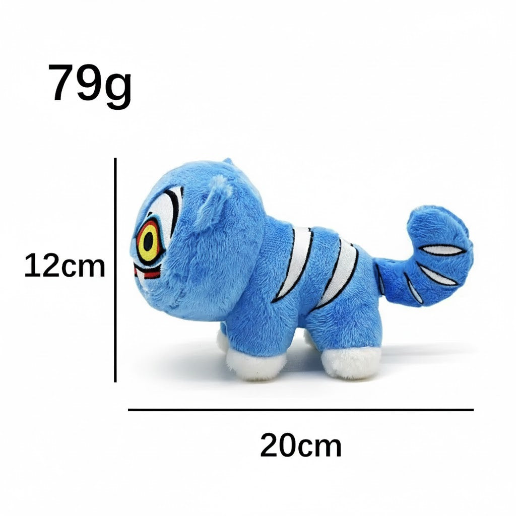 Blue plush toy with measurements on a white background